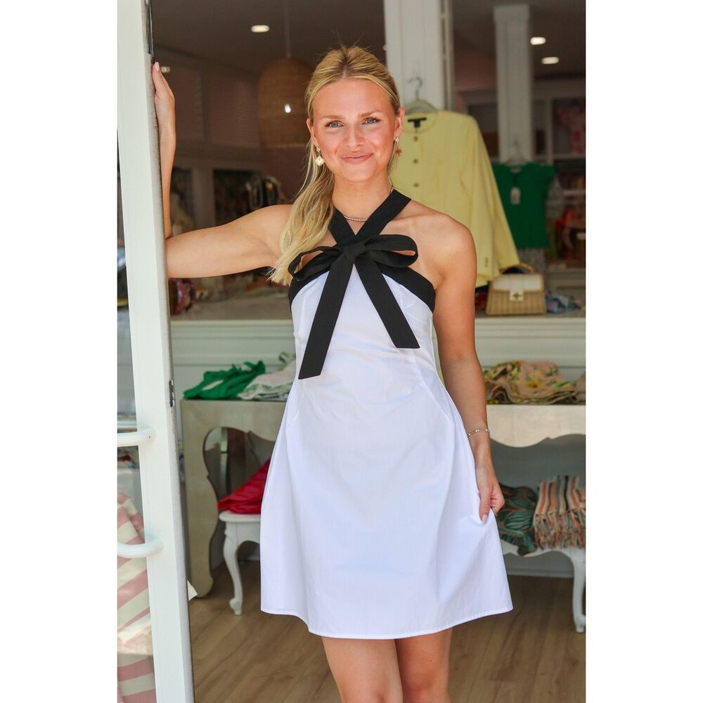 Maude Blair Halter Bow Shift Mini Dress In White Brunch Date Size S NWT